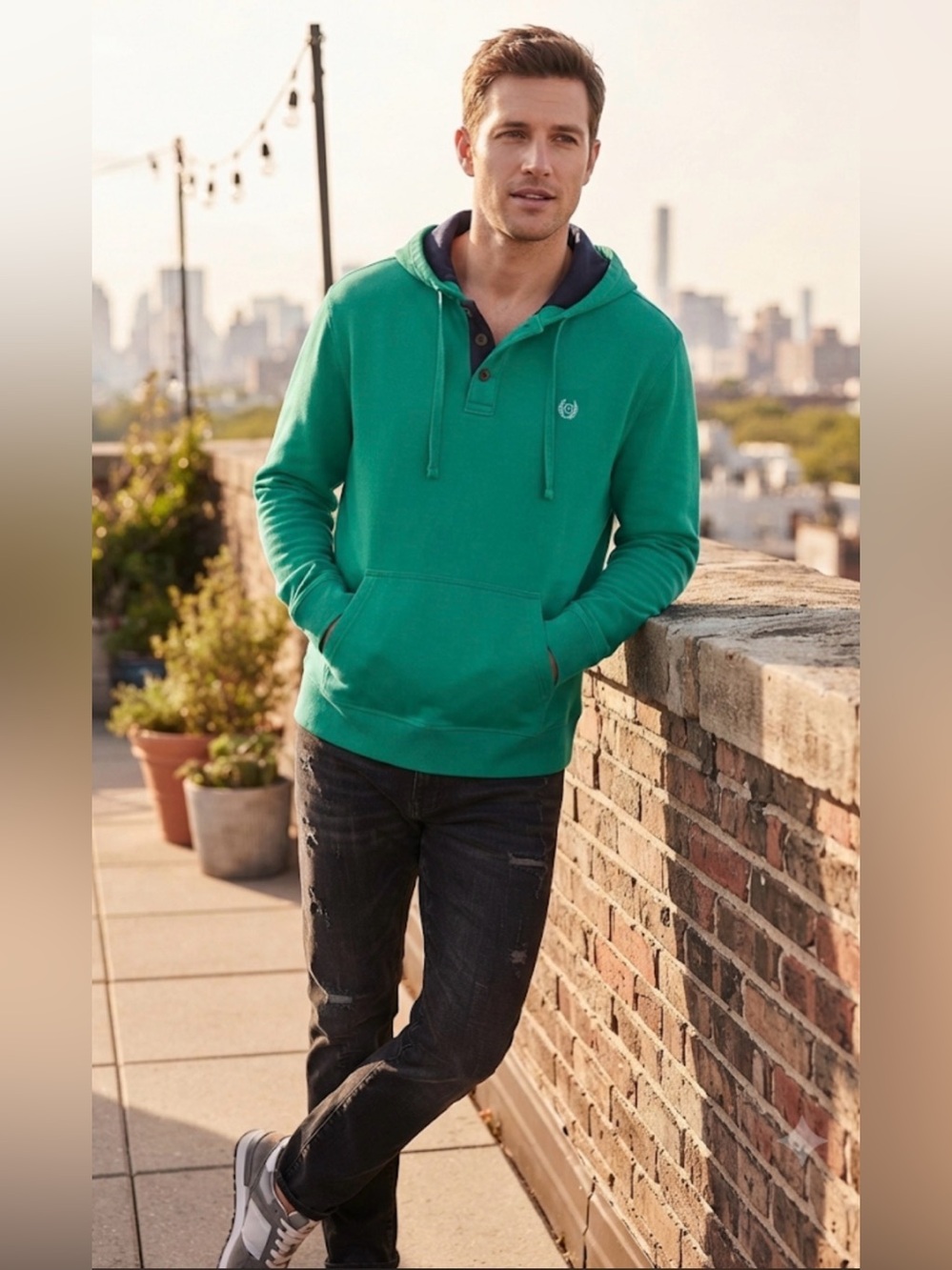 Chaps Green Hooded Henley Sweatshirt Men’s XL Pullover Cotton Hoodie